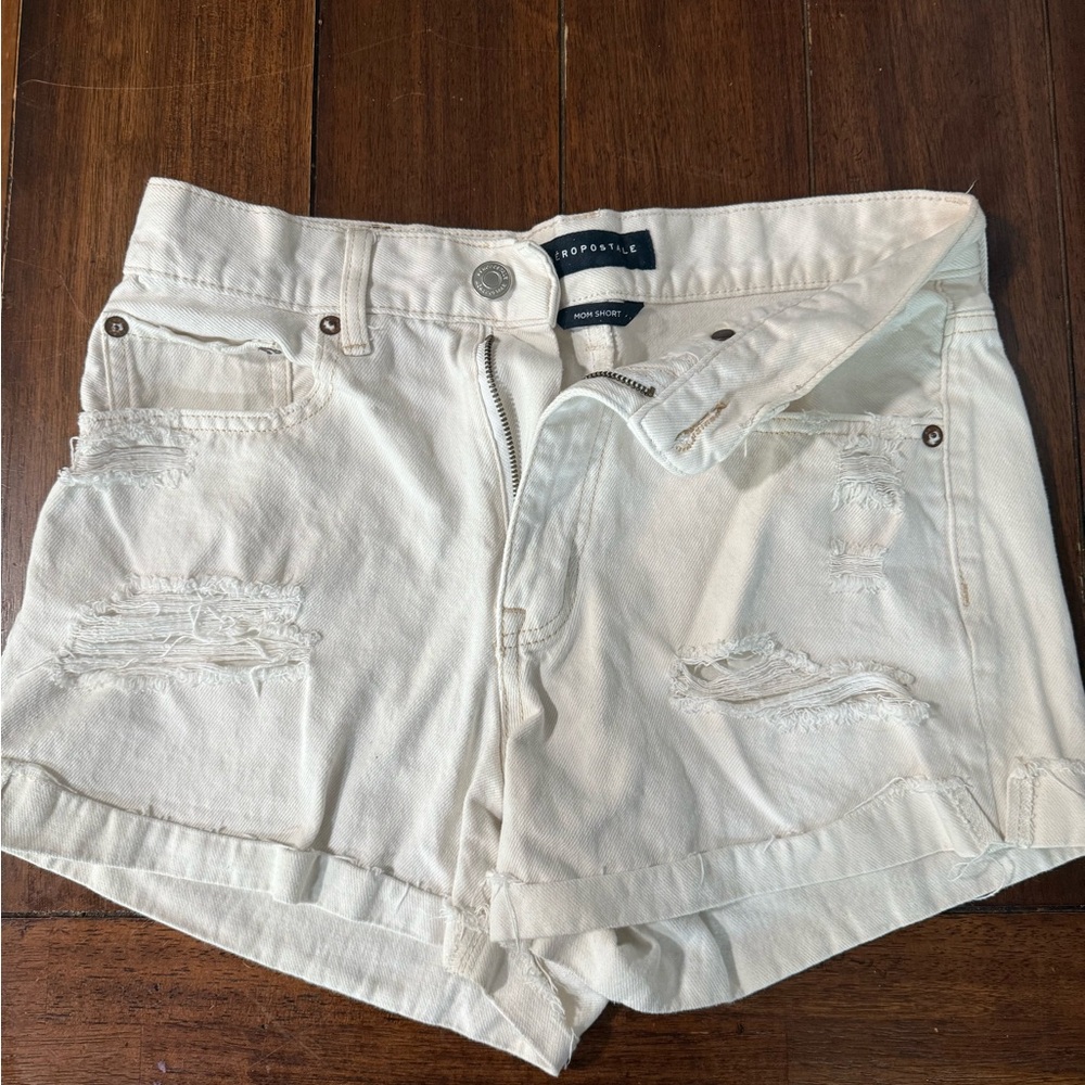 Aeropostale Women's Light Tan Distressed Jean Shorts